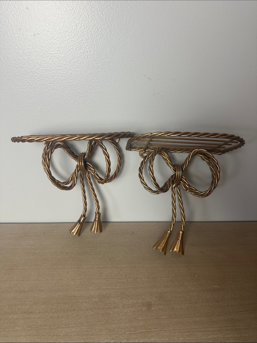 Homco MCM Gold Rope Bow Wall Display Shelves - Pair